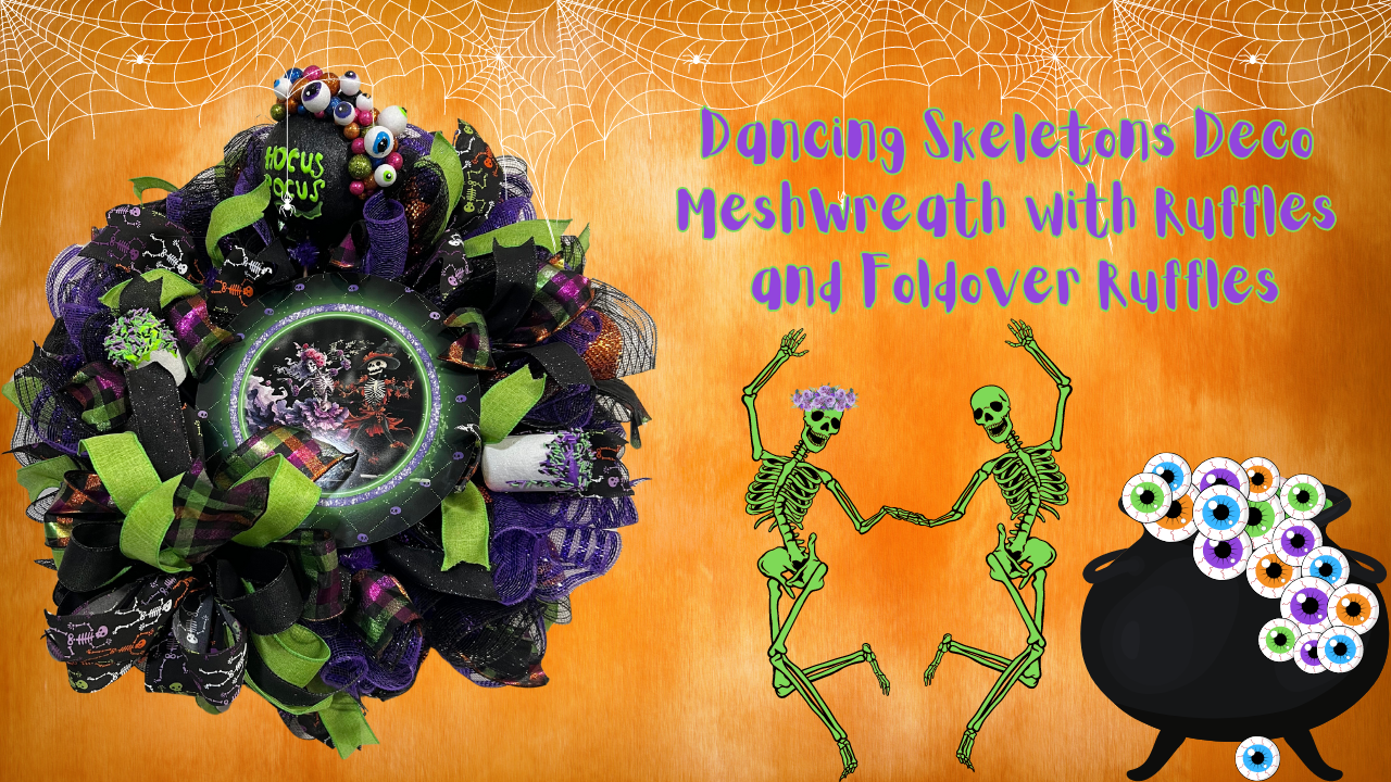 Dancing Skeletons Deco Mesh Wreath with Ruffles and Foldover Ruffles