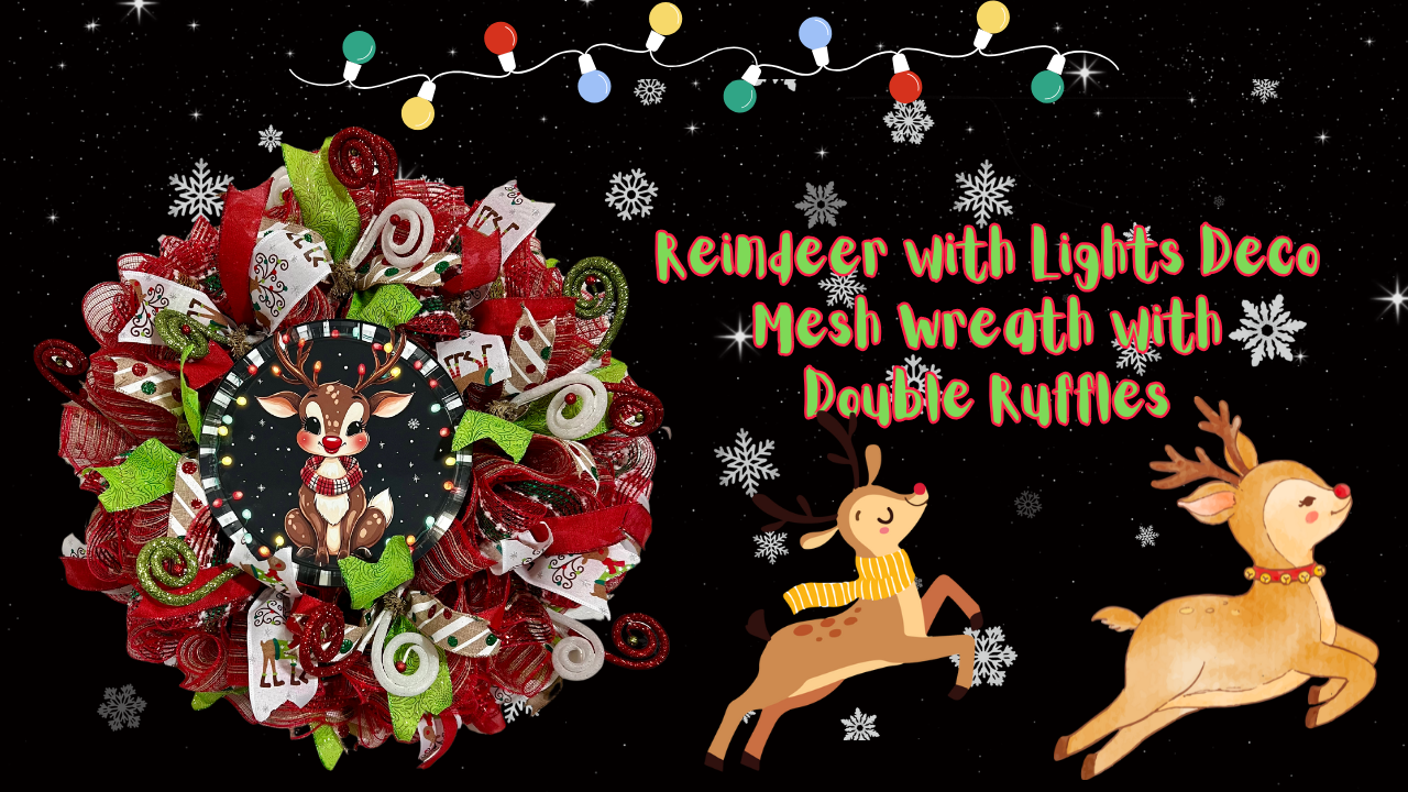 Reindeer with Lights Deco Mesh Wreath with Double Ruffles